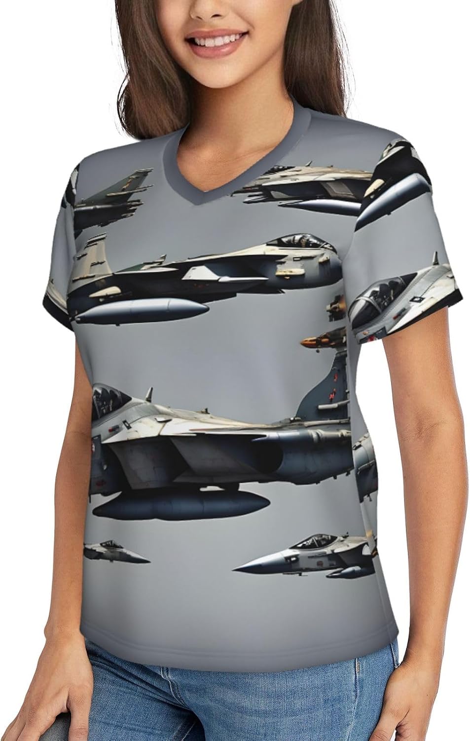 Womens Aircraft Fighter Jets Print Short Sleeve V Neck T-Shirts Casual Breathable Tee Basic Summer Tops 2026