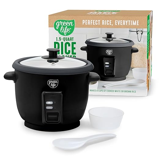 GreenLife Rice Cooker with Removable PFAS-Free Ceramic Nonstick Pot, 3-Cups Uncooked/6-Cups Cooked, Grains & Oatmeal Multicooker, Compact One-Switch Design, Auto Keep Warm, Easy Clean, Black