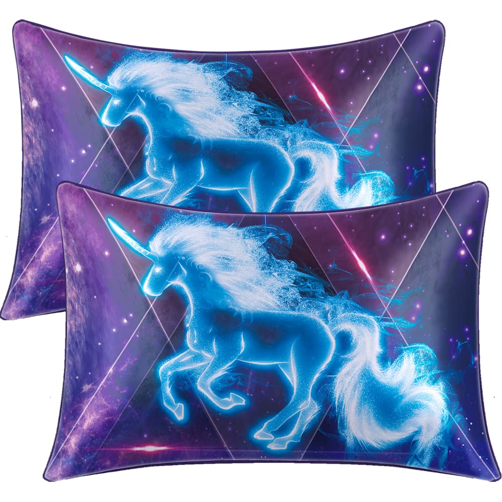 BlessLiving Satin Pillowcase Galaxy Blue Unicorn Pillow Cases Set of 2 Bedding Pillowslip Envelope Closure Girls Sparkling Star Pillow Cover for Hair and Skin, Queen(20''x30'')