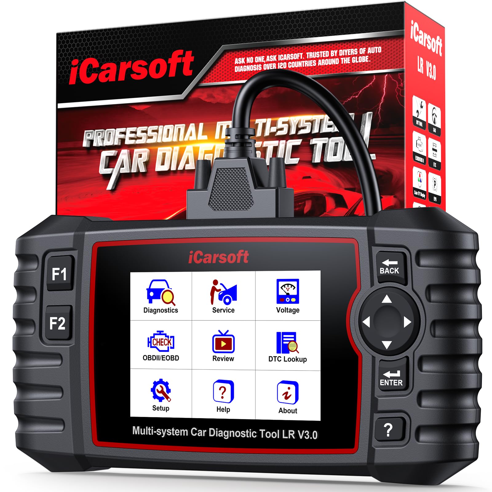 iCarsoft LR V3.0 OBD2 Máquina Diagnosis Coche para Land Rover/Jaguar, Bidireccional Escáner de Todo el Sistema, 37+ Funciones Reinicio, Prueba de Batería, Vin Automático, Actualizaciones de por Vida