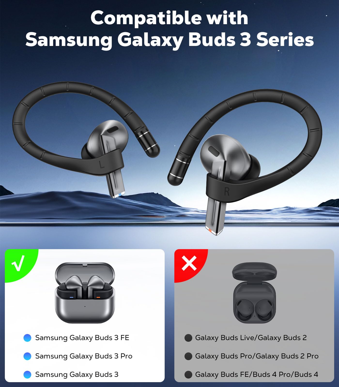 MoKo Ear Hooks for Samsung Galaxy Buds 3 Pro/Galaxy Buds 3 FE/Galaxy Buds 3, Non-Slip Memory Titanium Alloy Ear Hooks Accessories with Lanyard, Sports Anti-Lost, Comfortable Secure Fit, Black