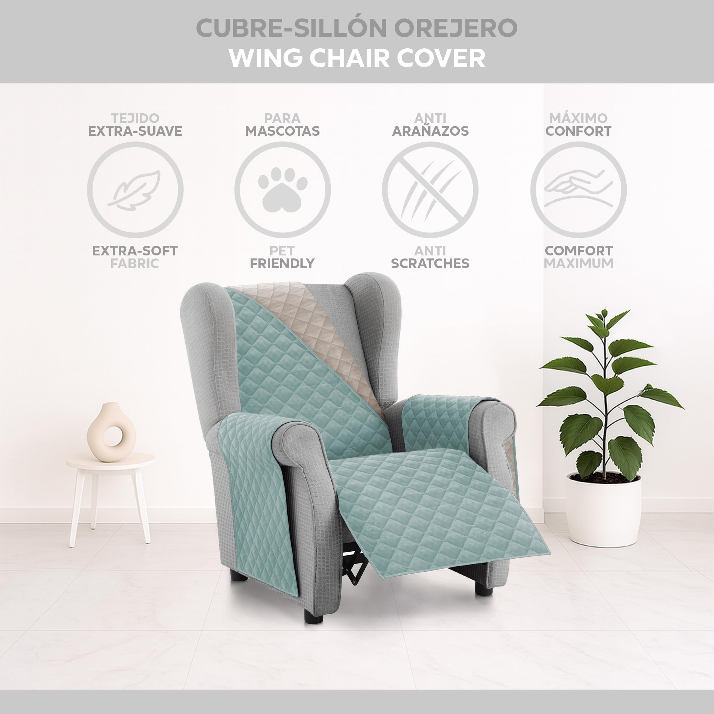 Textilhome Copridivano Malu 1 Posti con Braccioli – Copripoltrona Relax e Orecchioni Reversibile, Imbottito, Protezione Antigraffio per Divani, Colore Acquamarine