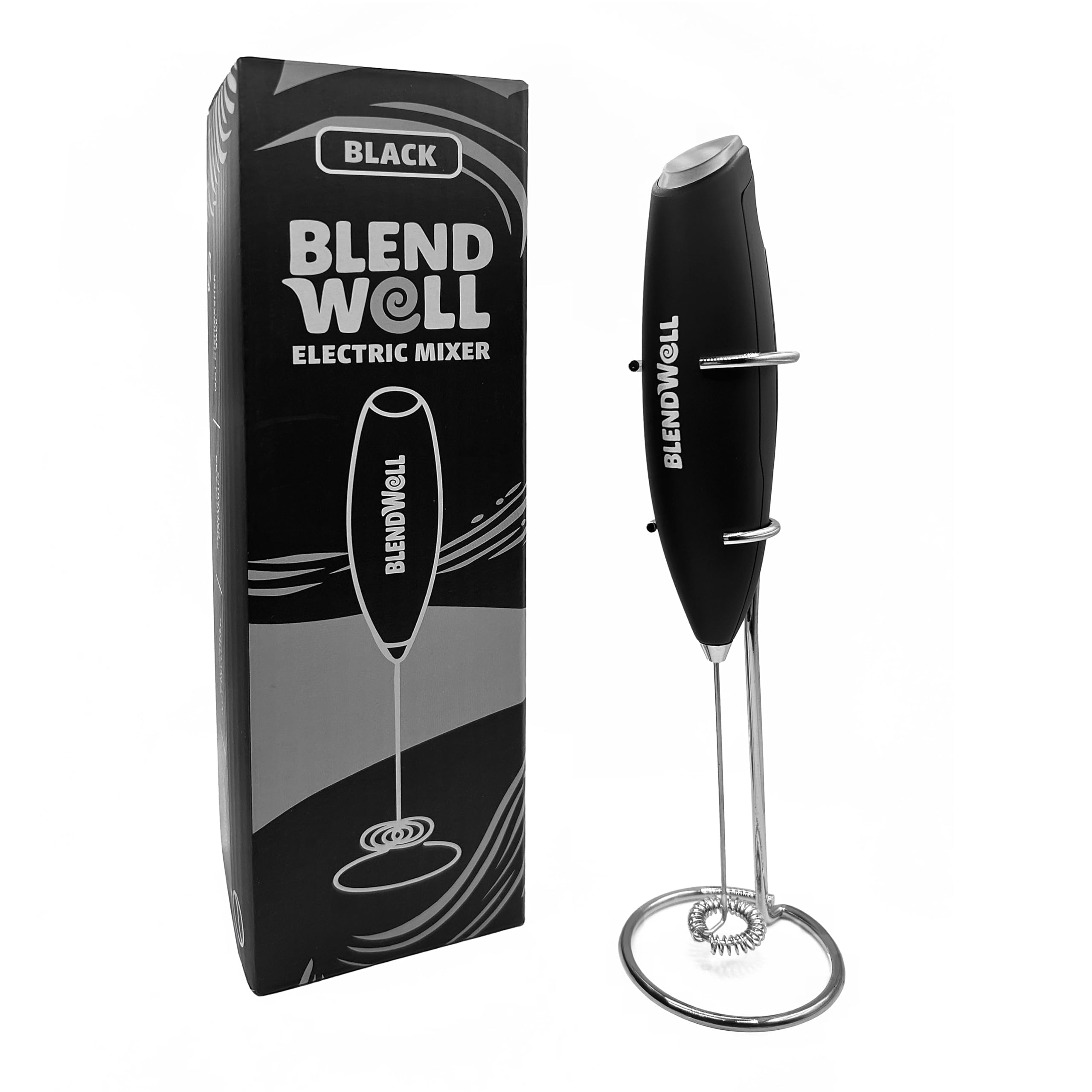 BlendWell Elektrischer Milchaufschäumer für Matcha und Kaffee, Handheld Batteriebetriebener Getränkemixer mit Ständer, Edelstahl Schneebesen, Schwarz