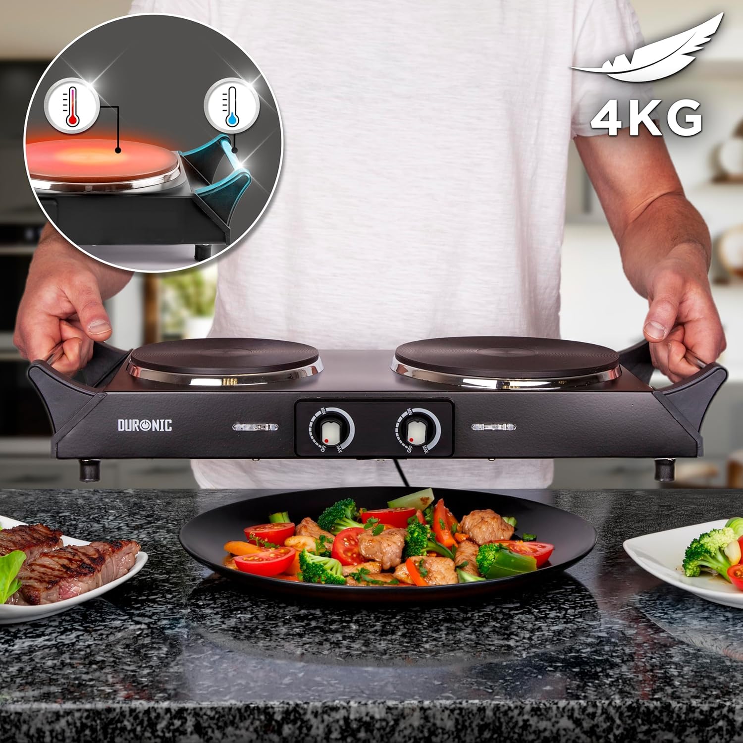 Duronic HP2 BK Fornello Elettrico 2500W 2 Piastre in Ghisa 2 Fuochi Nero | Temperatura regolabile, manici per il trasporto, piano cottura portatile, ideale per campeggio, casa, ufficio e cucina