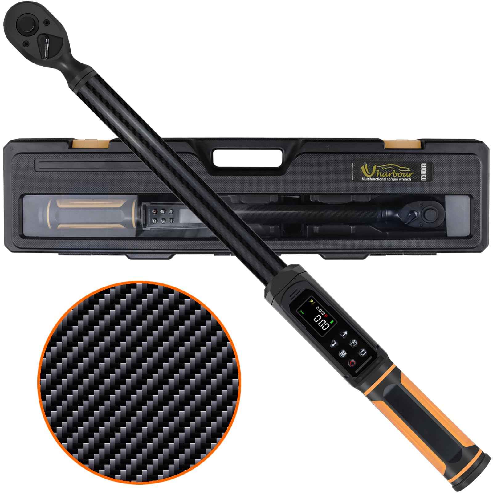 1/2 Drive Digital Torque Wrench with Carbon Fiber Body, 3-200N.m Range, ±1% Accuracy with Vibration, Buzzer and LED Alert, Suitable for Car, Motorcycle and
