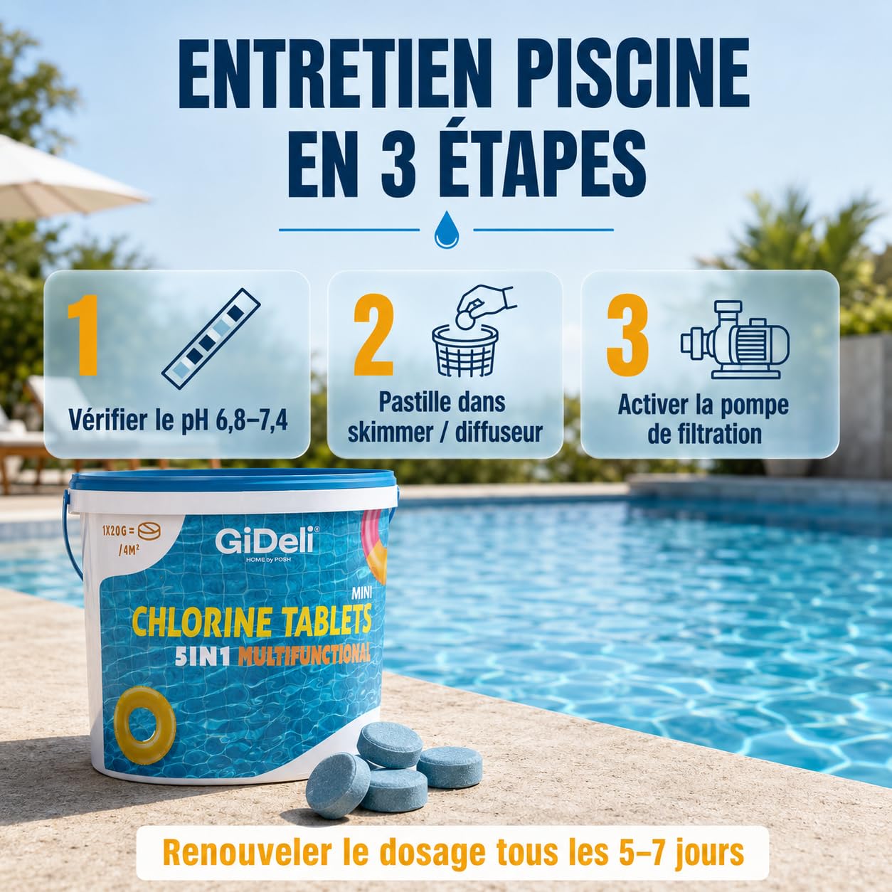 GiDeli Mini Galets de Chlore Piscine Multifonction 10kg - Tablettes Longue Durée 4-en-1 - Anti-Algues, Stabilisé UV, Floculation - Petites Piscines Hors-Sol, Tubulaires et Gonflables
