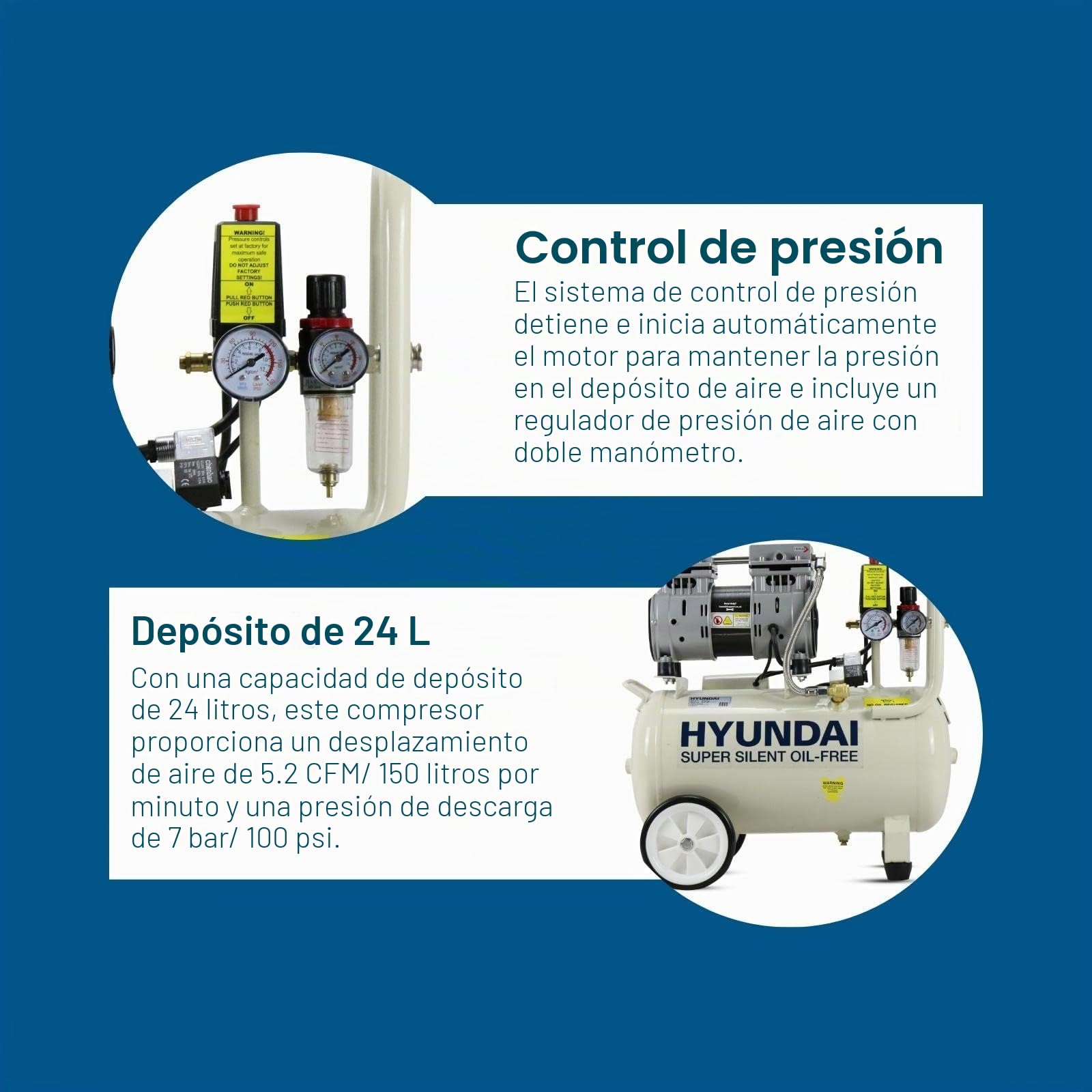 Hyundai Compresor de aire de 24 litros, 5,2 cfm/100 psi, silencioso, sin aceite, 750 W/230 V, 150 litros por minuto, 2 años de garantía