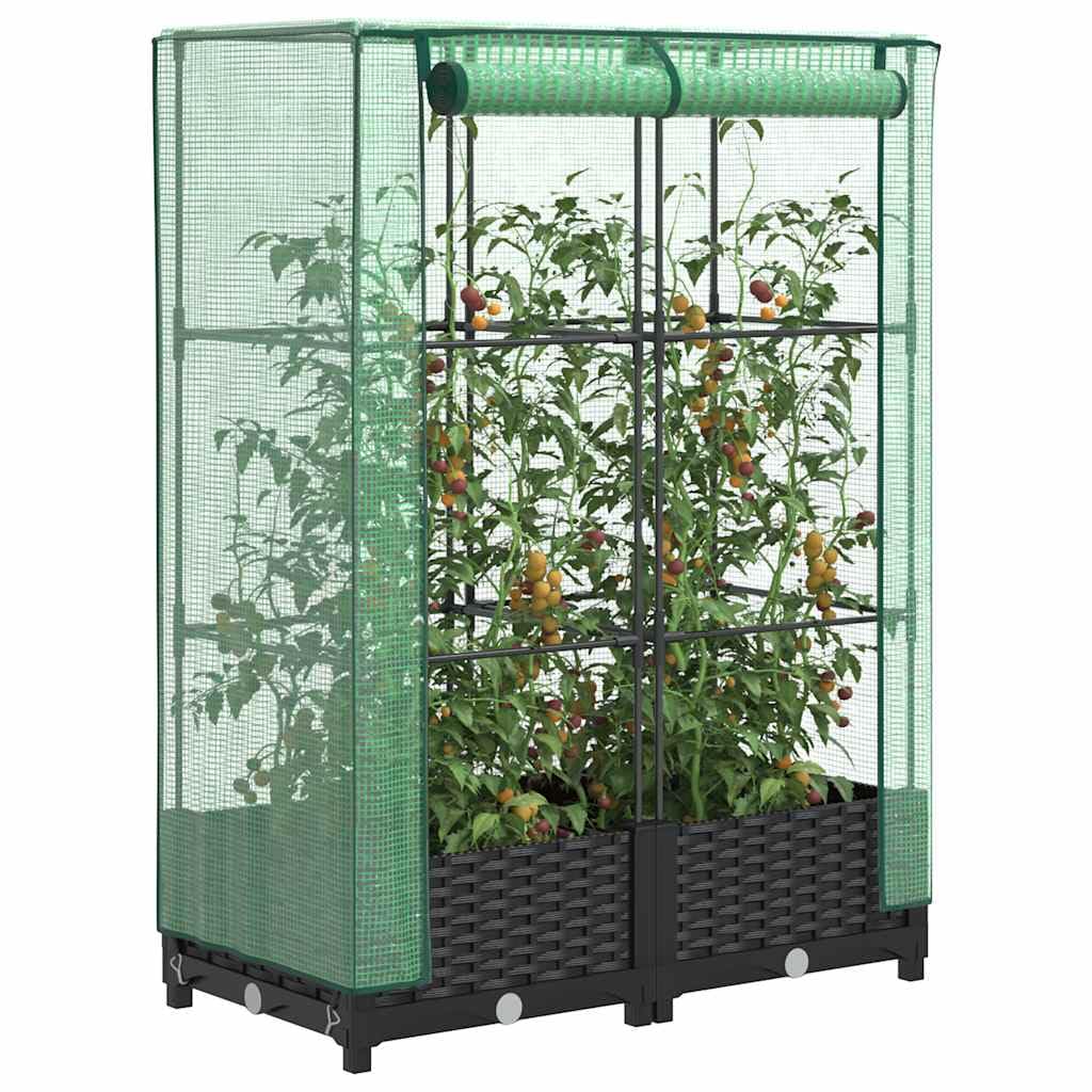 Jardinera con accesorio de invernadero de aspecto de ratán, 80 x 40 x 123 cm, jardinera con túnel de lámina y marco de hierro, para balcón, jardín y terraza, color negro