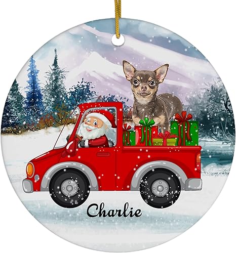 Papá Noel en camión rojo con marrón bronceado Chihuahua adornos de Navidad personalizados 2023 círculo blanco cerámica cachorro dueño regalos