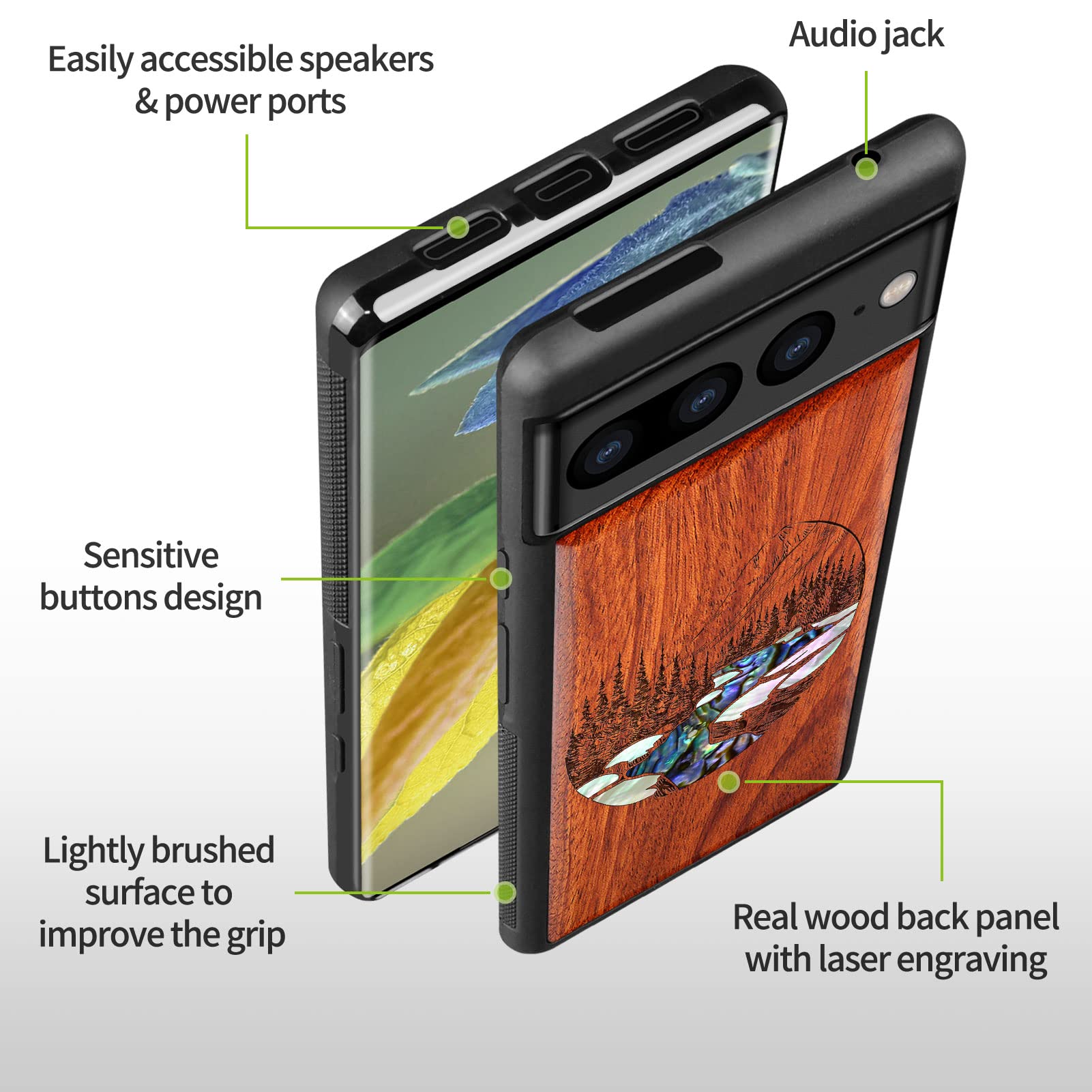 Carveit Designer Wooden Case For Google Pixel 7 Pro Case Cover [Wood Engraving & Shell Inlay] Compatible With Wireless Chargers Pixel 7 Pro Case
