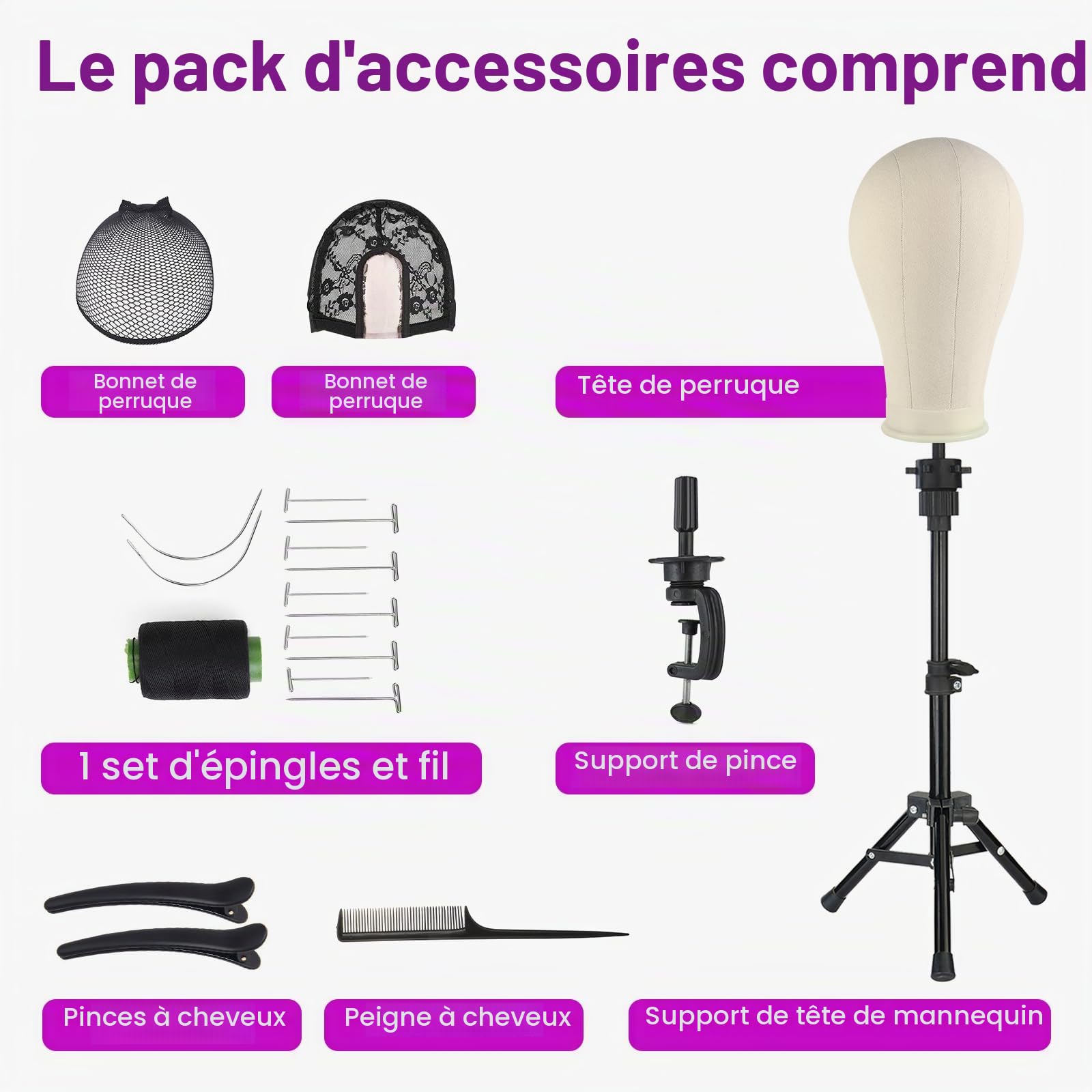 Neverland Beauty & Health 22" 56cm Tête pour Perruque en Toile avec Trépied | Tête de Mannequin pour Perruque en Toile, avec Trépied Réglable, épingles T et brosse à cheveux, Fabrication et Coiffage