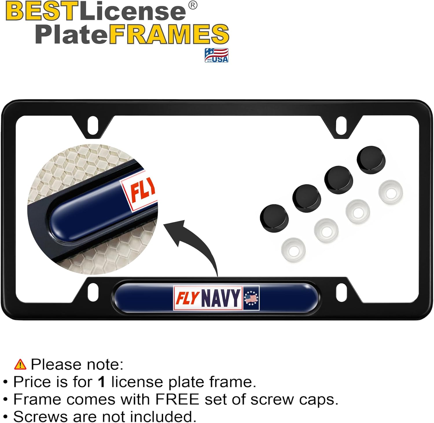 [U.S. Navy Officially Licensed Product] - USA Patriotic Anodized Aluminum Thin Top | Narrow Top Car License Plate Frame with Fly Navy Naval Aviation Insert with Free caps - Black