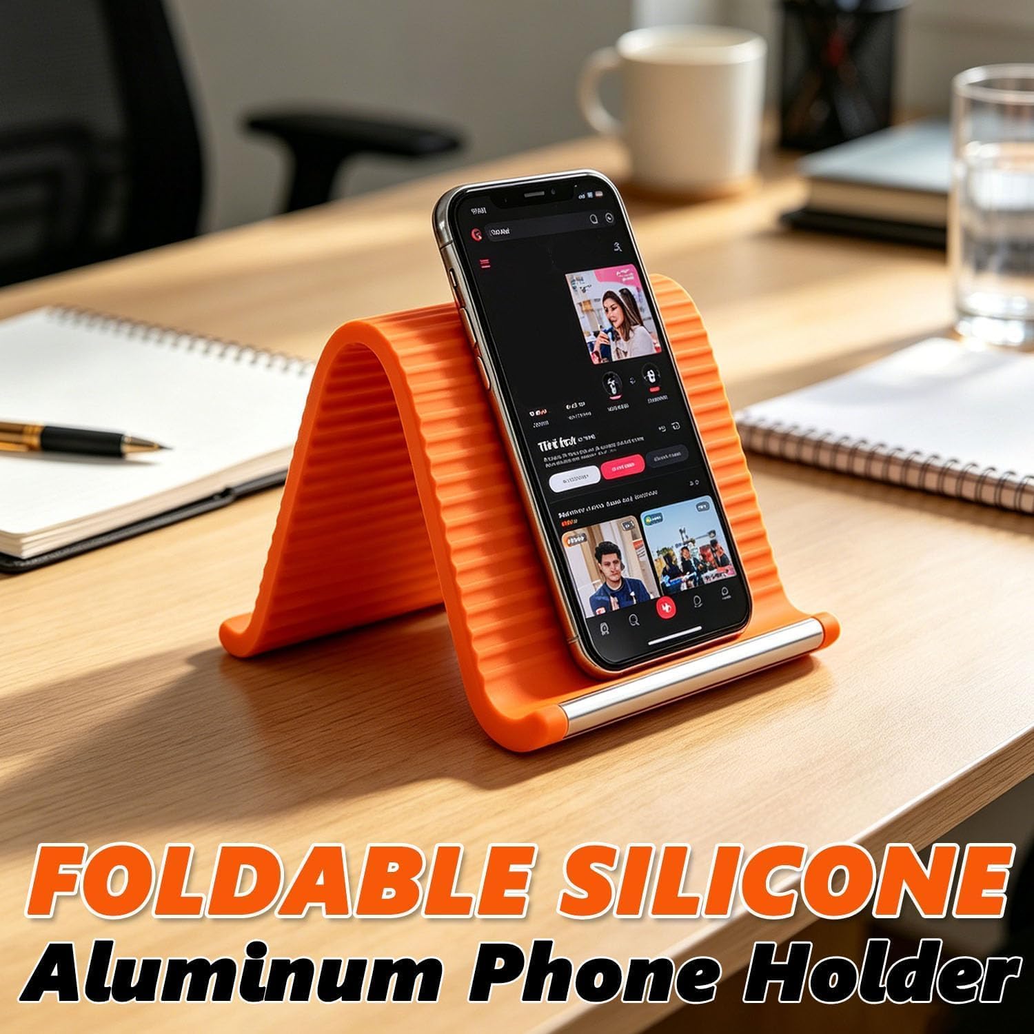 Foldable Silicone Phone Stand, Adjustable Mobile Phone Holder with Anti-Slip Base, Flexible Desktop Stand for Smartphones, Portable Phone Mount for Home, Office, Travel & Video Calls (Orange, 1 Pack) — Amazon image 2
