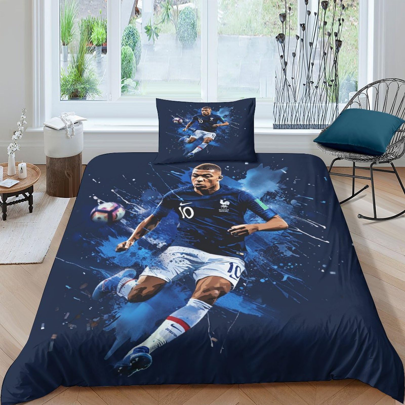 Kylian Mbappe Parure de Lit Single 135x200 avec Housse de Couette et Taie d'Oreiller en Microfibre