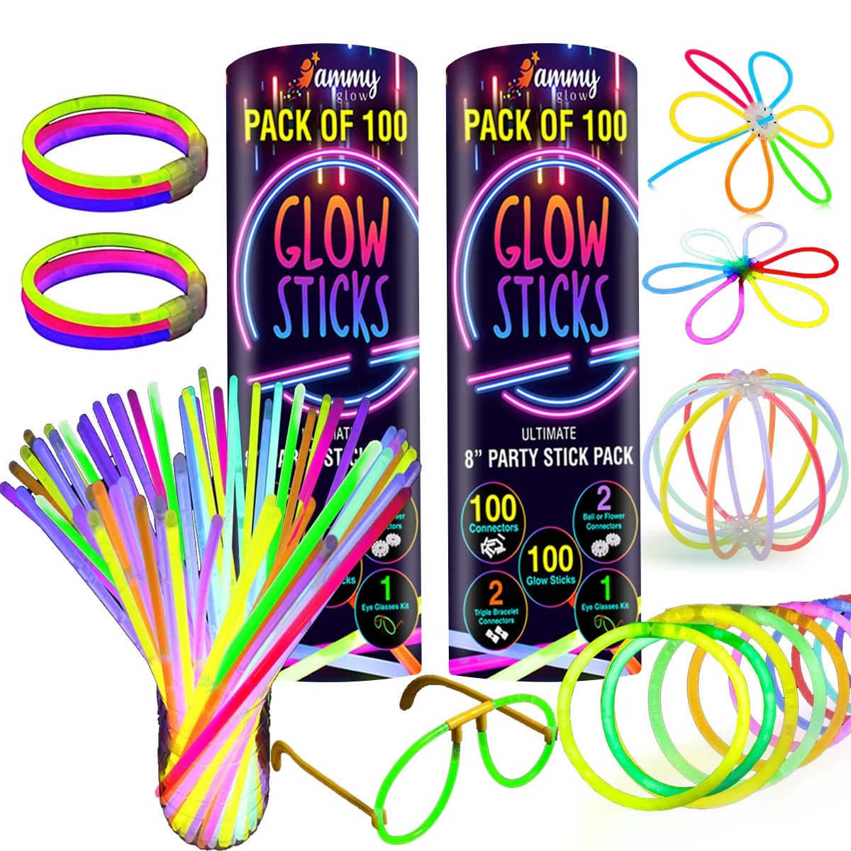 Ammy Glow200 Sticks Bulk, in The Dark Party Supplies w/ Eye Glasses Kit, Bracelets Necklaces & More, 12 Hours Party Pack 8 inch for Kids, Mardi Gras, Party Favors for kids 8-12