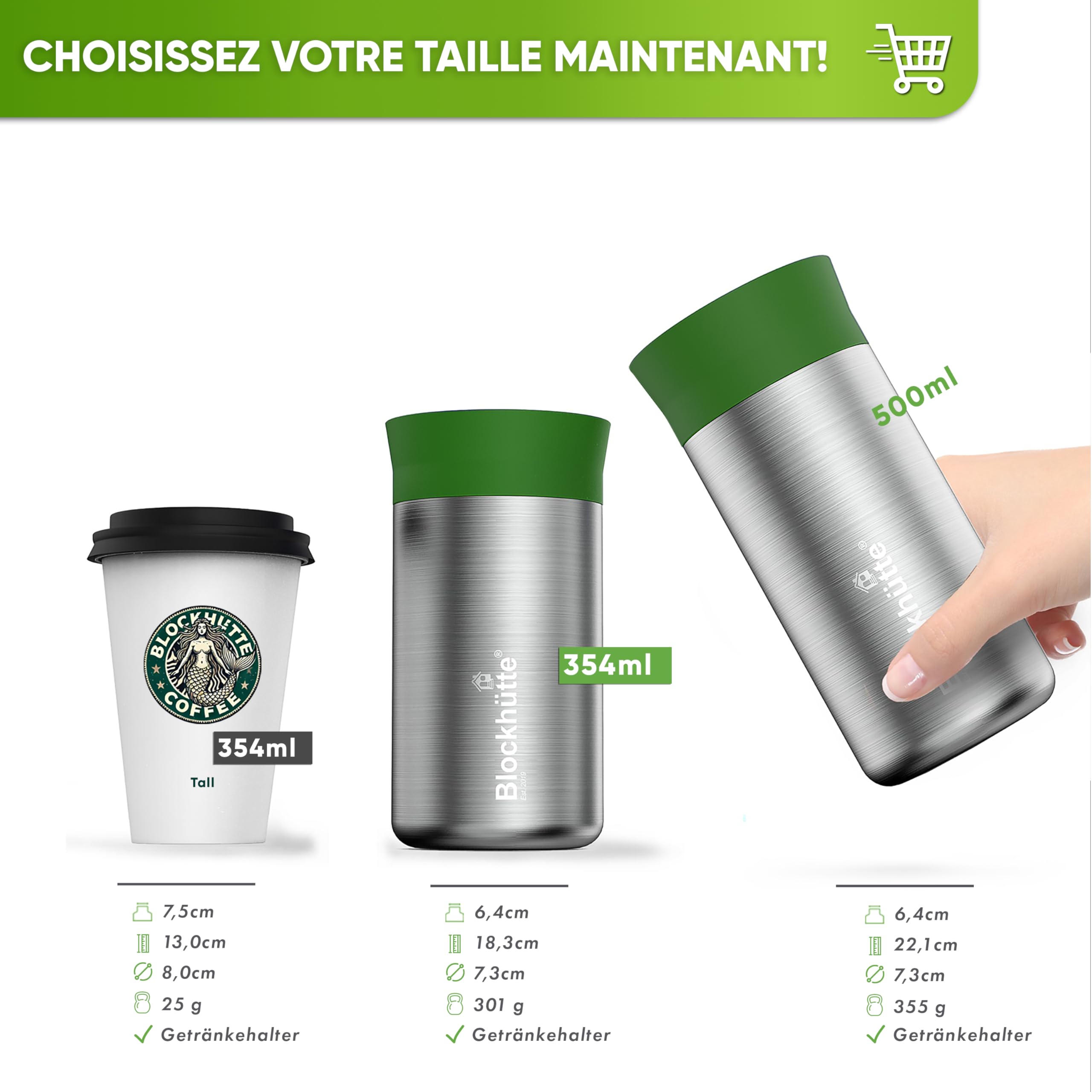 Blockhütte Travel Mug Isotherme Cafe en Acier Inoxydable – 354ml Tasse Isotherme, Mug Thermos gardant la chaleur jusqu'à 8 h - Gobelet Thermique Anti-Fuite, Tasse à Café à Emporter – Vert Clair