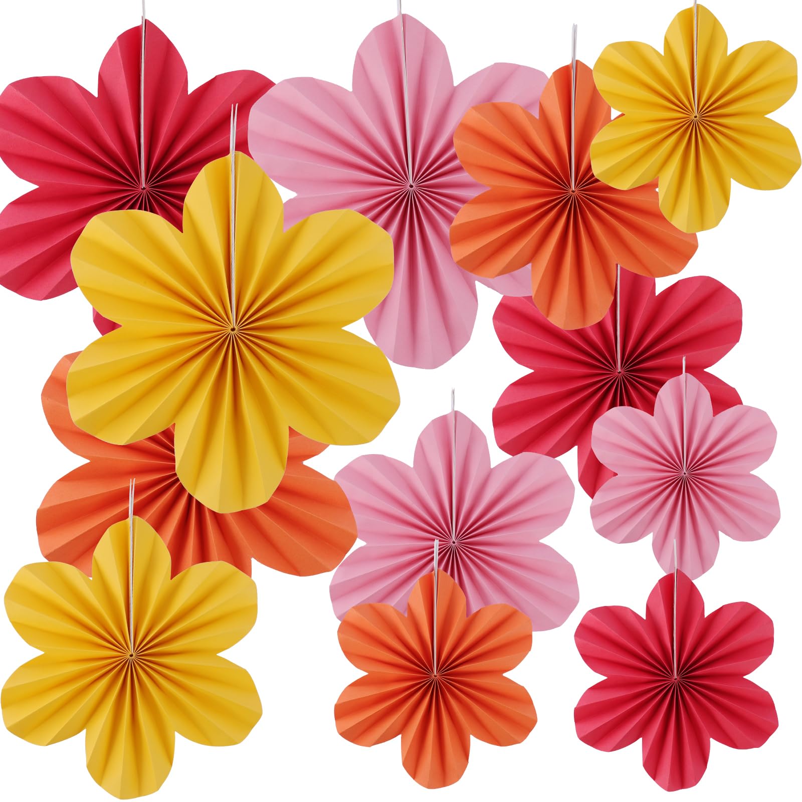 12 Pezzi Fiori Carta per Decorazioni,Ventaglio di Carta Appeso,Fiori di Carta con Cordino e Spille 20/25/35 cm per Feste, Matrimoni, Decorazioni Festive (Rosso, Giallo, Rosa, Arancione