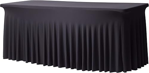 Miniatura 1 de Perfect Memories Falda de mesa ajustable de elastano de alta calidad de 6 pies (negro)  Una pieza, resistente a las arrugas, volantes que se instala