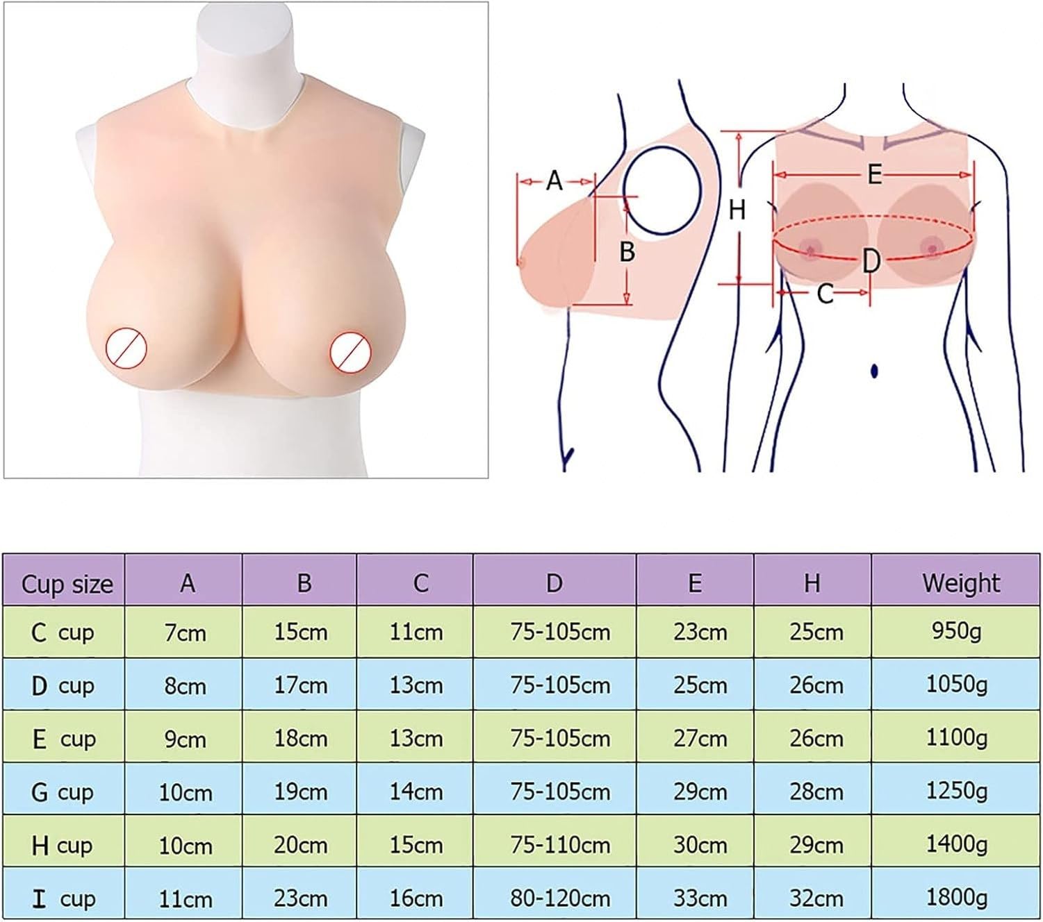 Formas de Pecho para travestis, Placa torácica de Silicona de Medio Cuerpo, Cuello Redondo Corto, Relleno de algodón Suave, para Drag Queen, mastectomía, Person, G Cup C, G Cup C