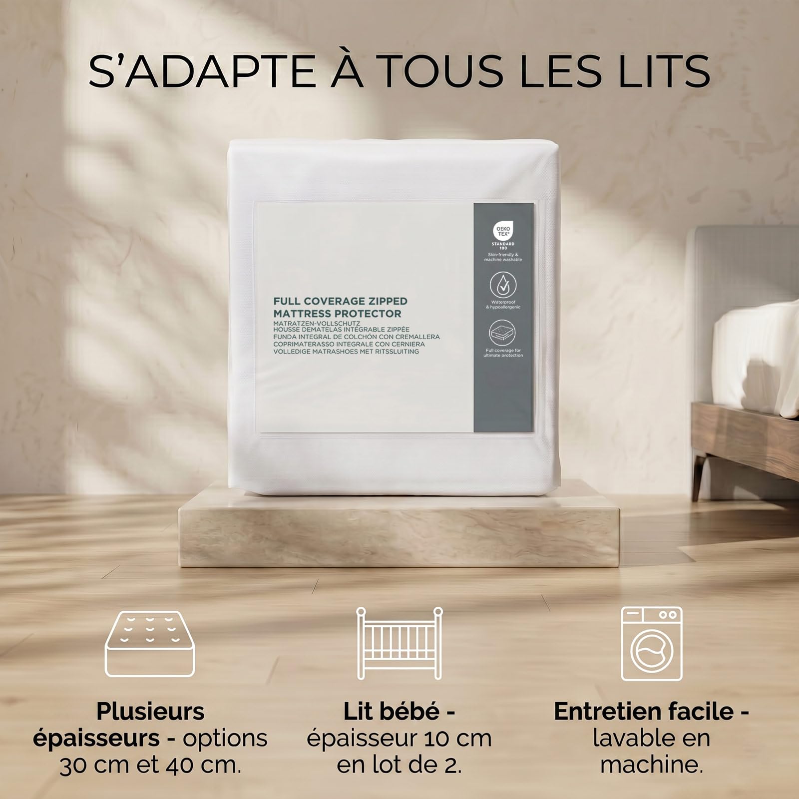 HOMESCAPES Housse de Matelas 160x200 cm avec Fermeture éclair - Protège Matelas imperméable hypoallergénique, Anti acariens et Lavable en Machine - Bonnet 40 cm