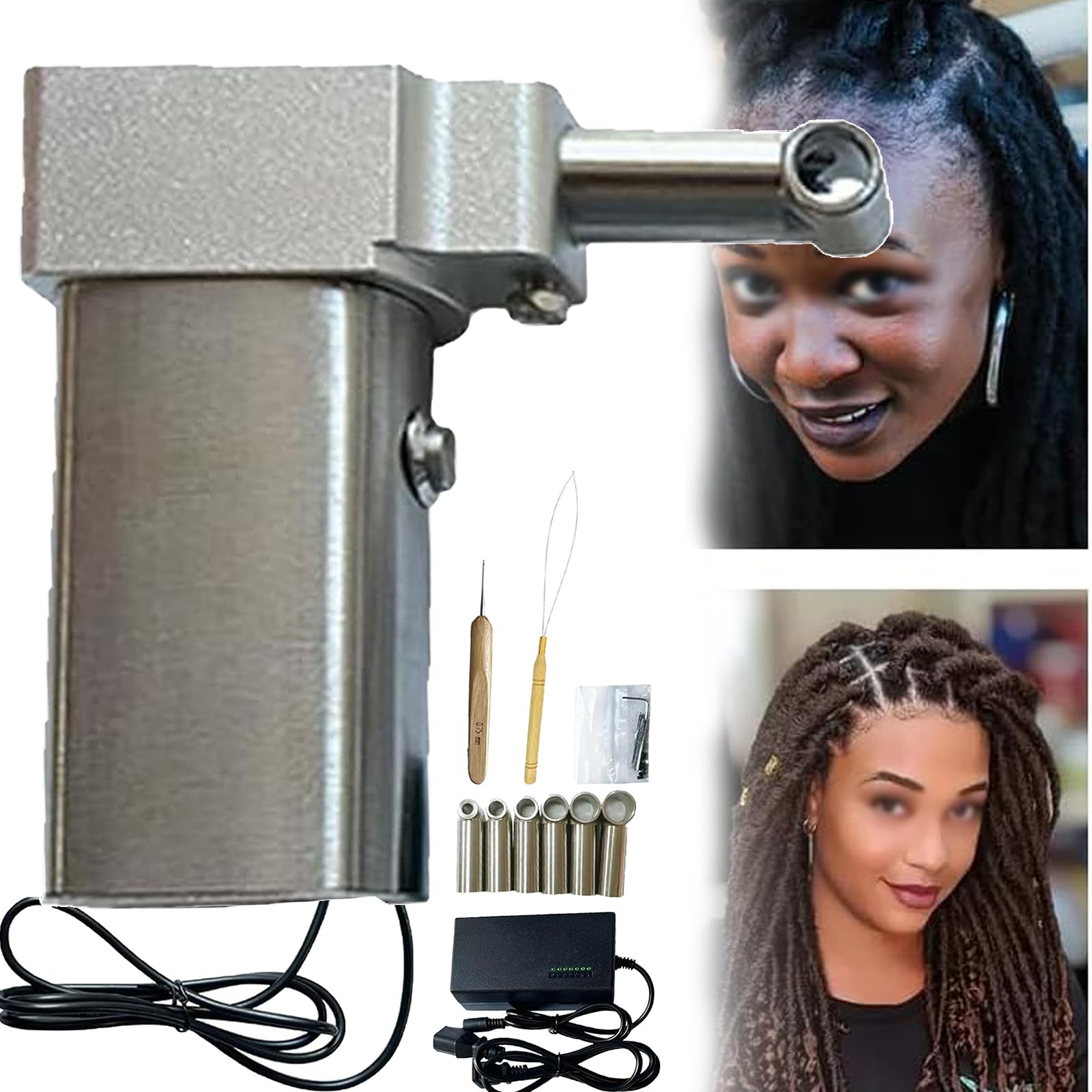 Máquina Eléctrica Rastas 1,2 Kg, 7 Ajustes Velocidad+Fácil Usar/Maniobrar, con 6 Cabezales, Extensiones Cabello Rastas Trenzado Rápido/Fácil, para Trenzas Sintéticas/Reparadoras,A