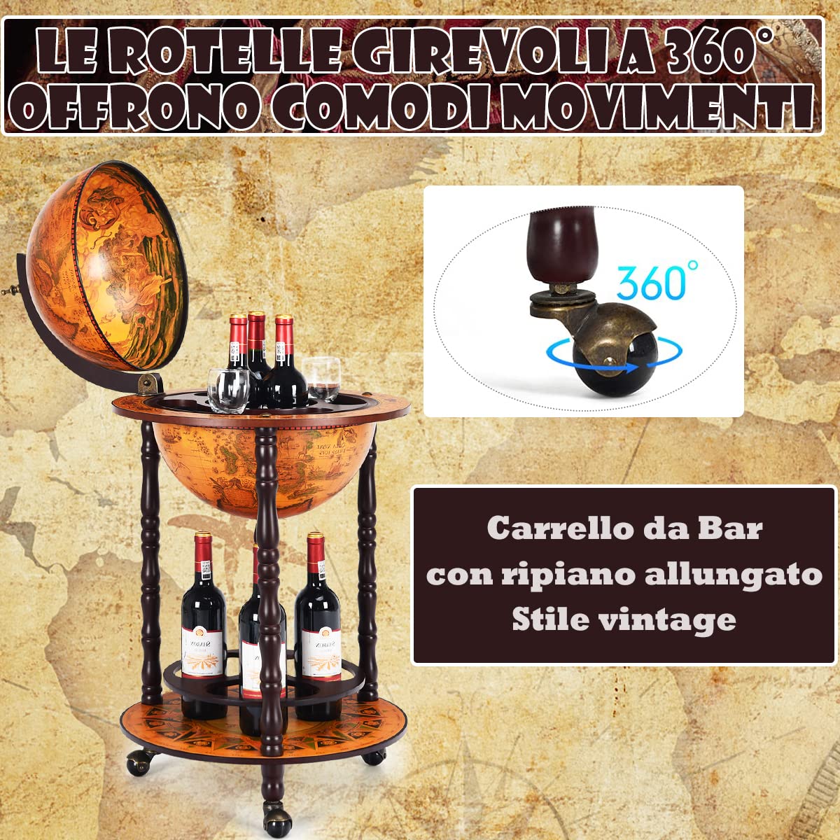 RELAX4LIFE Carrello da Bar con Globo, Tavolo da Bar a 2 livelli in Legno di Eucalipto Naturale, Mobile da Bar in Stile Vintage con Ruote Girevoli per Vini e Liquori