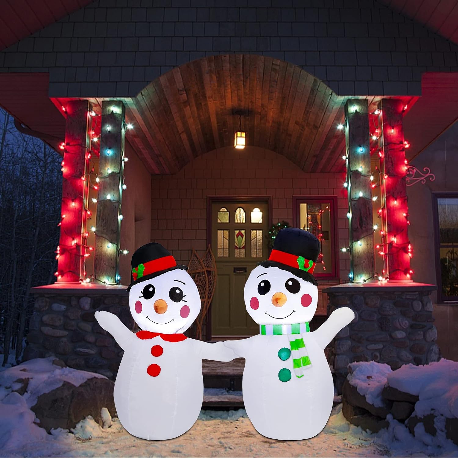 Joliyoou Christmas Yard Decorations, 3.9 FT Inflatable Lighted Christmas Snowman Couple Wearing Hats, Xmas Blow Up Adorable Snowman with Drawstring Bag Outdoor Indoor Decorations