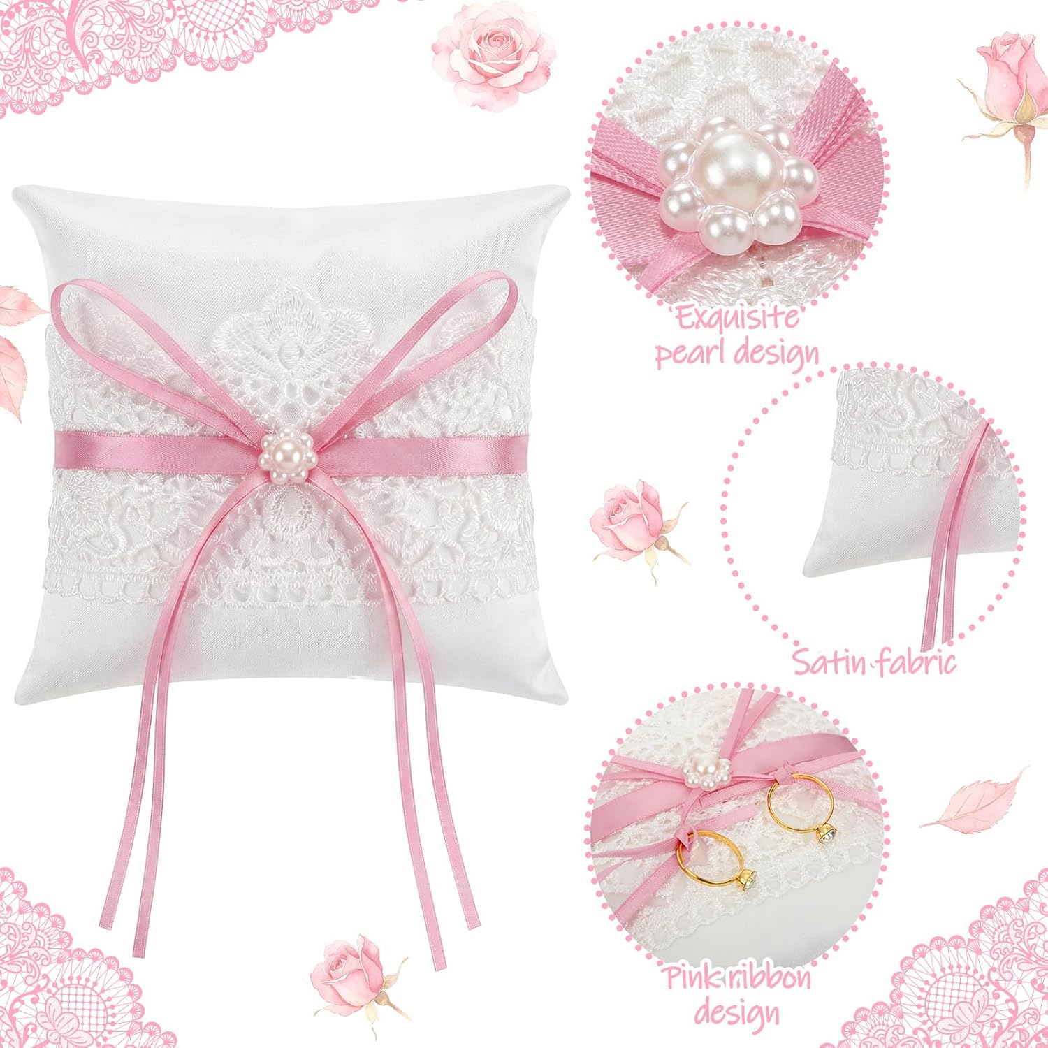 Ring Bearer Pillow Pink Bow Lace Pearl Ivory Satin Wedding image 2