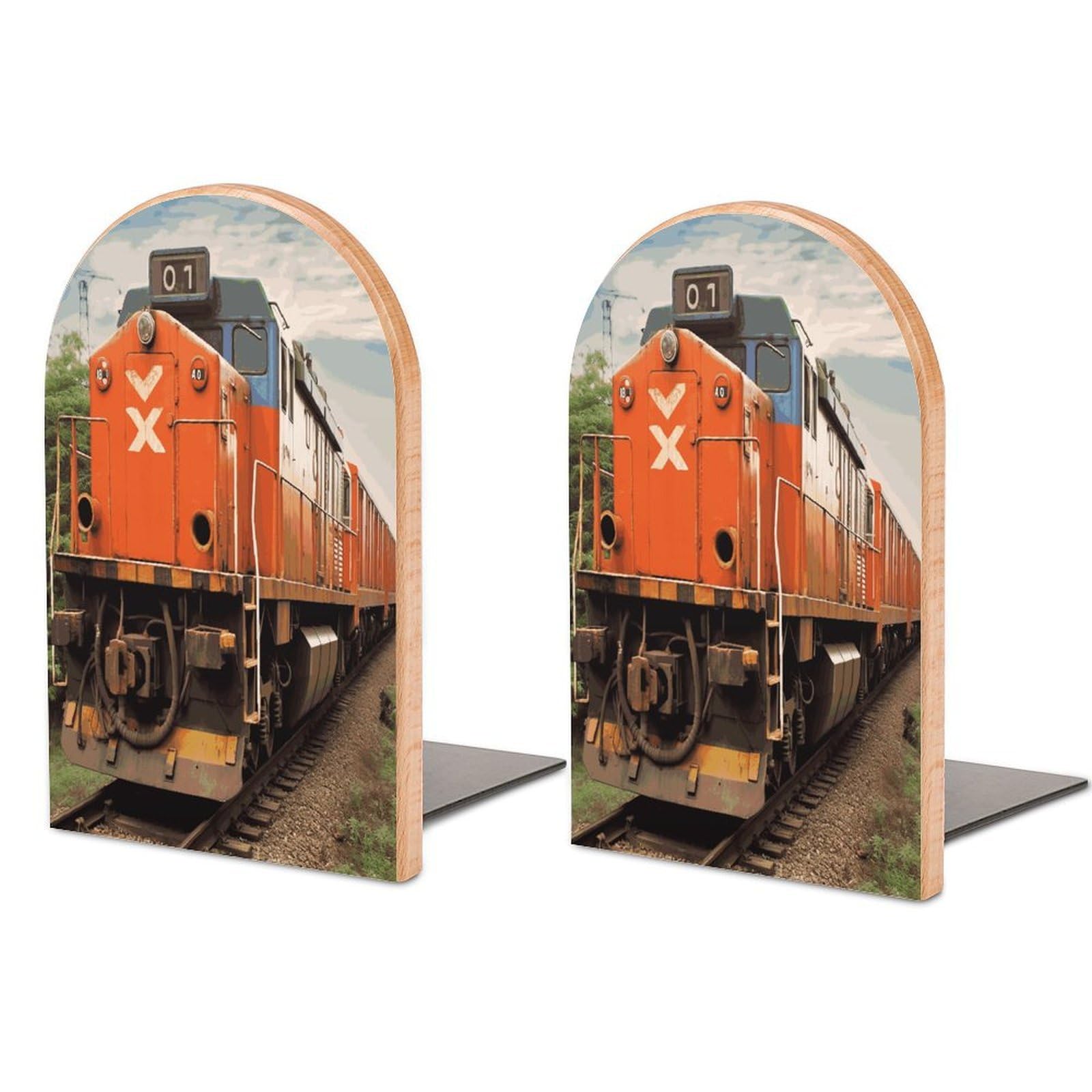 Train Bookend for Shelves Non-Skid Book Holder Modern Heavy Duty Bookend Stopper Metal Base Wood Book End Books Shelf Holder Home Decorative 1pair 5x3.9x3.1