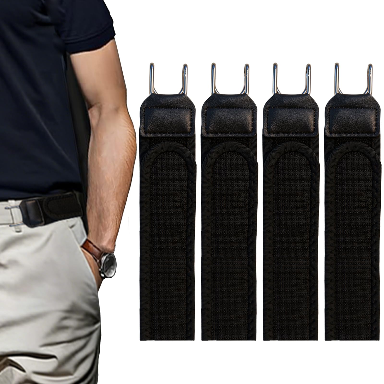 FLYGRRIV Gürtel Ohne Schnalle, Elastischer Schnallenloser Gürtel Herren & Damen, Buckle Less Belt mit Metallhaken, Verstellbar mit Klettverschluss, Komfortabel & Einfach zu Bedienen (2 Stück-Schwarz)