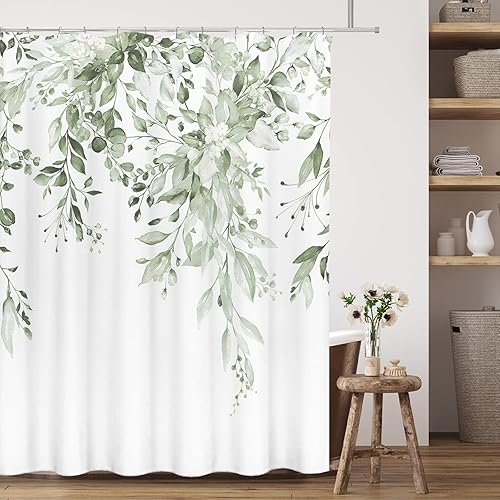 Vista 558 de Tititex - Juego de cortinas de ducha de eucalipto verde oliva, hojas de acuarela en la parte superior con decoración floral de baño, 60 x 72 Hojas