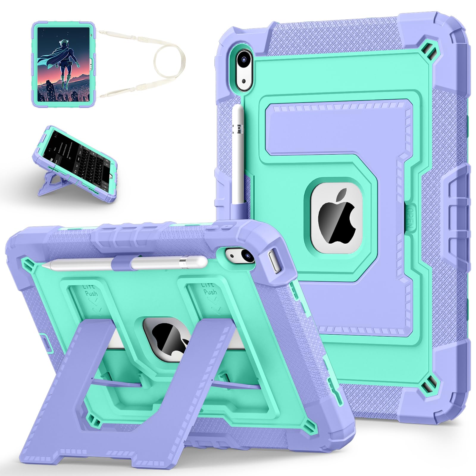 for iPad 11 Inch (A16) 11th /10th Generation 10.9 Inch iPad Case 10th Generation with Shoulder Strap,Heavy Duty Shockproof Cover for i Pad 11th/10th Gen,Purple Green