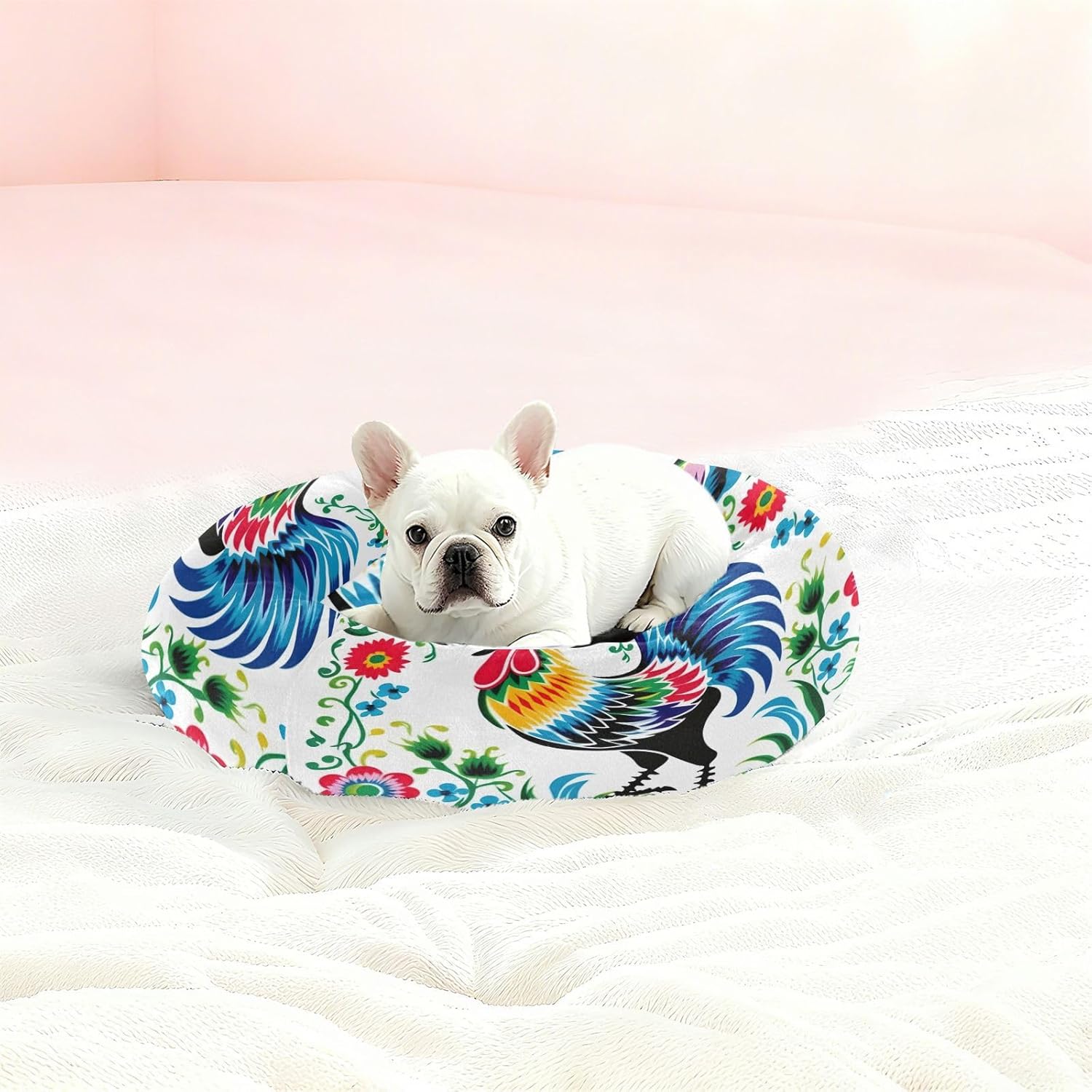 Dog Bed Ultra Soft Fluffy Comfortable Cat Bed, Floral Rooster Washable Dog Beds Anti-Slip Round Pet Beds for Medium Dogs