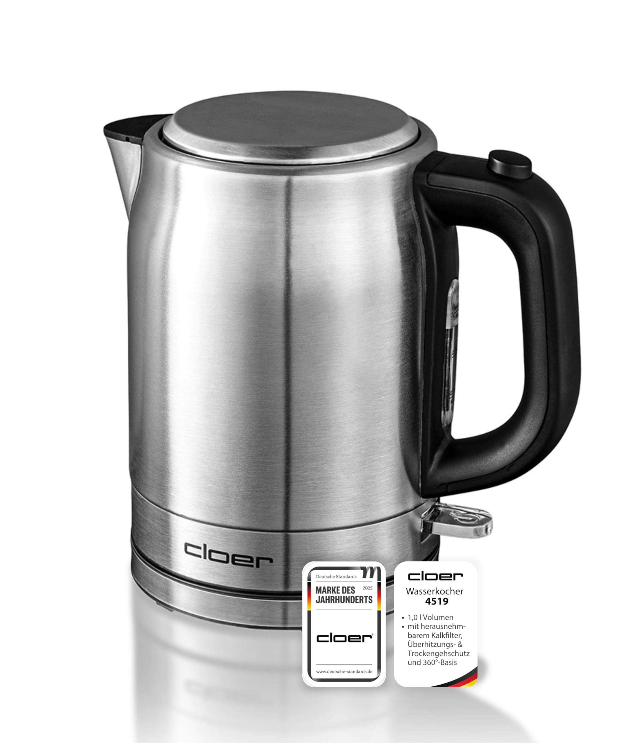 Cloer 4519 Hervidor de agua de acero inoxidable, 2200 vatios, Indicador de nivel de agua, Protección contra el sobrecalentamiento y la ebullición en seco, 1 litro
