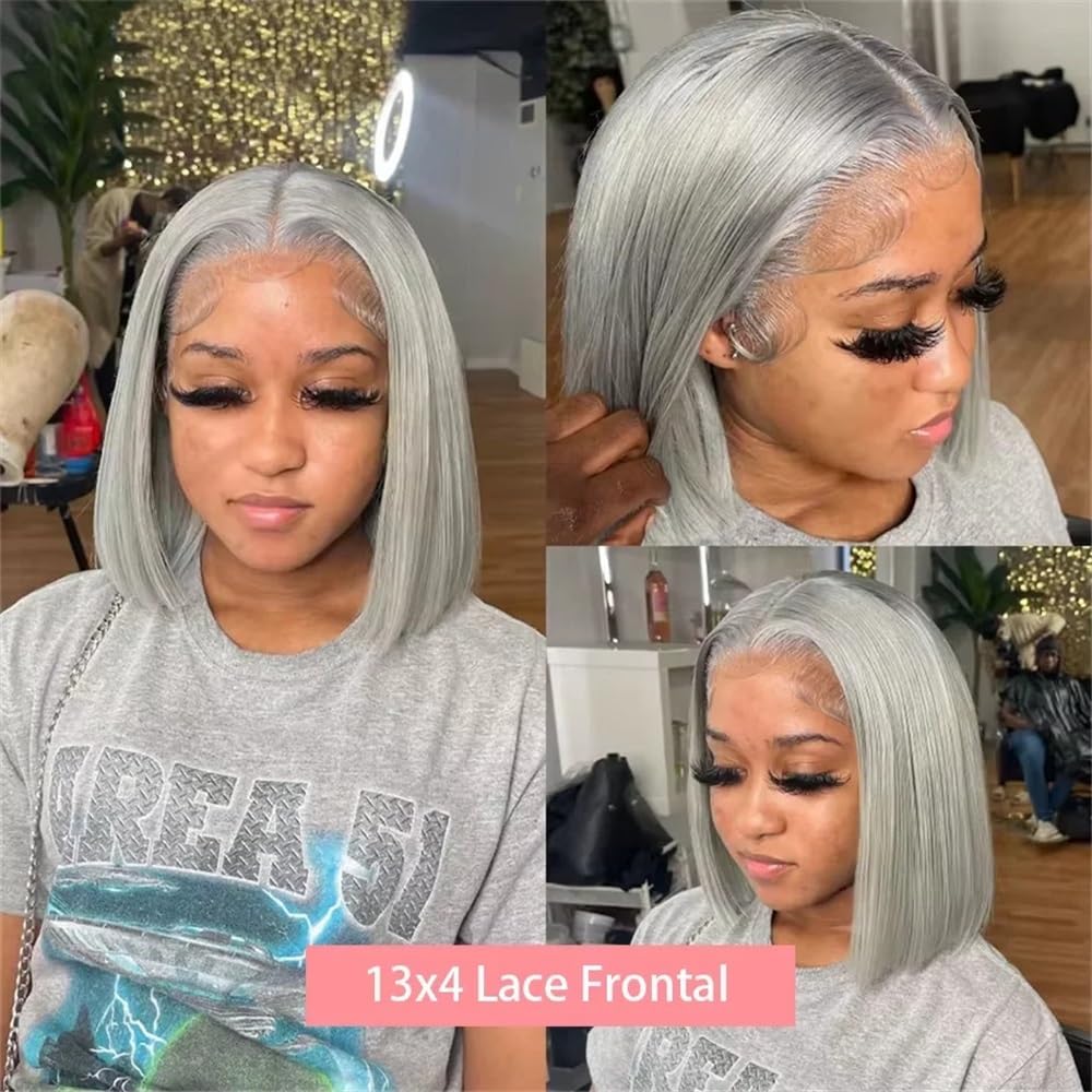 13x4 HD Lace Front Bob perruques cheveux humains gris sans colle perruque for les femmes gris argent couleur pré plumé délié naturel 200 densité Extensions de cheveux(16 inch)