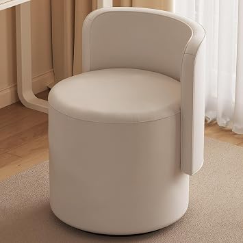 Miuuod Rotating Ottoman Stool with Curved Backrest, Grey White Round Velvet Upholstered Vanity Chair, Small Modern Pouf Footrest Seat, Adjustable Makeup Ottoman for Living Room & Bedroom