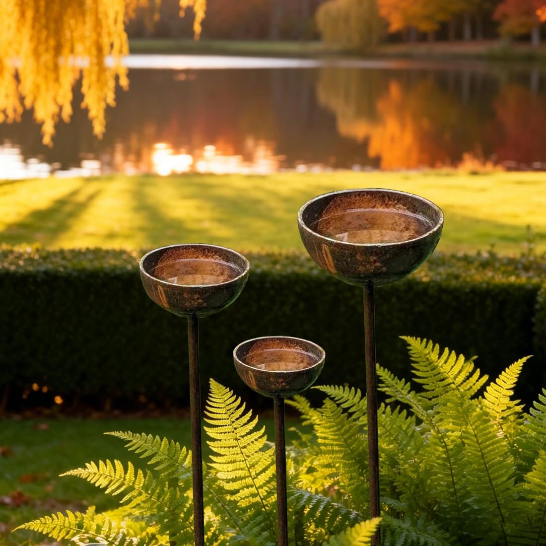 3Stück Regenfänger Gartenstecker Rost, Insektentränke Garten, Wassertränke für Vögel, Bienentränke für den Garten, Wassertränke für Vögel, Metall Gartendeko Rost für Draußen 60cm