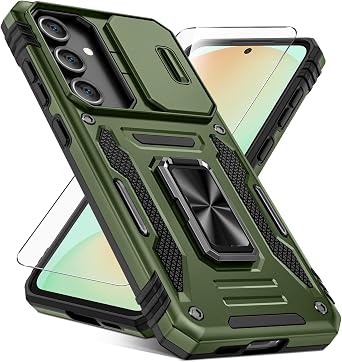 Caka for Samsung Galaxy S24 FE Case [HD Screen Protector] [Full Camera Lens Cover] [360Rotated Kickstand Ring] [Heavy Duty Protection] Hard Rugged Protective Phone Cover for S24 FE - Olive Gren