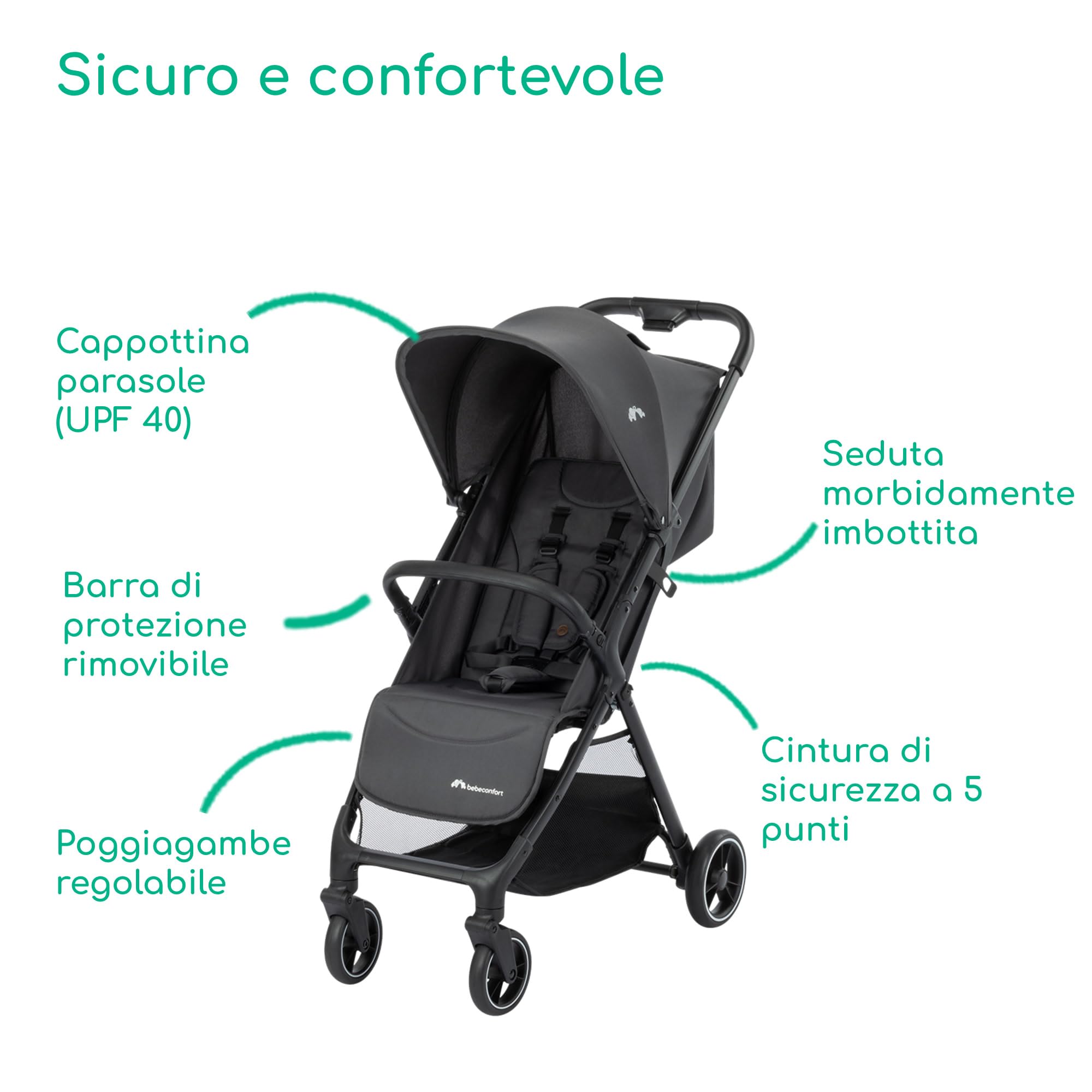 Bebeconfort Azur Duo 2in1 + Seggiolino i-Size, Mineral Graphite | 0-3 anni (15 kg), Passeggino Compatto, Reclinabile Fino a Posizione Sdraiata, Chiusura Automatica a Una Mano
