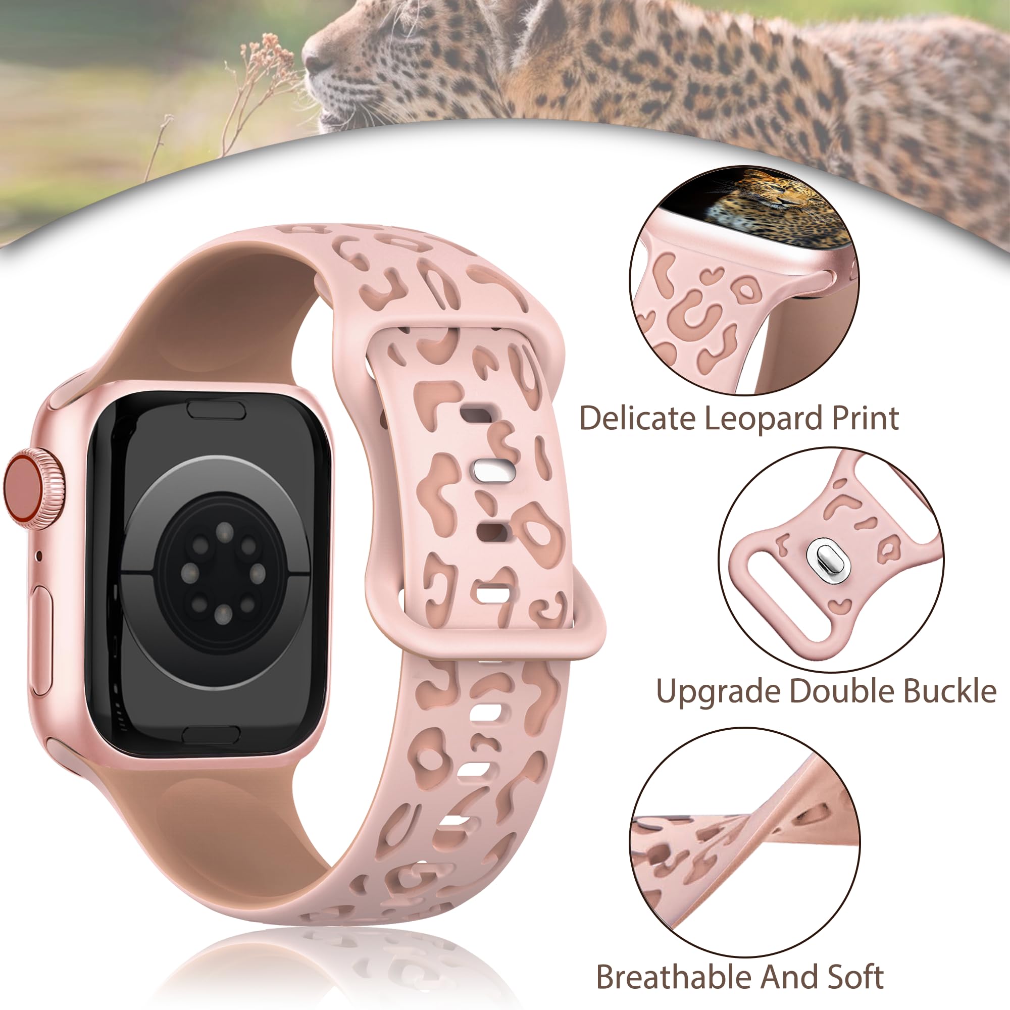 G-ficu Leopard Engraved Band Compatible with Apple Watch Bands 45mm 44mm 42mm 49mm iWatch Bands for Women, Cute Dressy Silicone Sport Strap for Apple Watch Series 9 8 SE 7 6 5 4 3 Ultra 2 1 Band-Pink