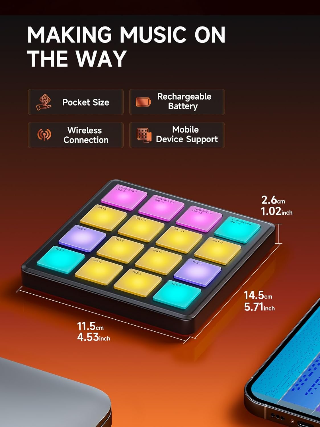 Donner STARRYPAD MINI dimensions: 4.53 x 5.71 x 1.02 inches, emphasizing its pocket-size, rechargeable battery, wireless connection, and mobile device support.