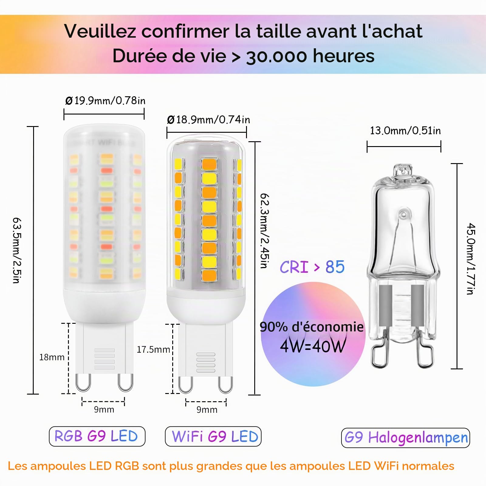 Ampoules LED Wi-Fi RGBCW Smart G9,Compatibles Alexa /Google Home,AC 220V Multicolores à Intensité Variable,2700K-6500K,Luminosité Réglable de 1% à 100%,4W,400LM, Synchronisation Musicale, Pack de 3