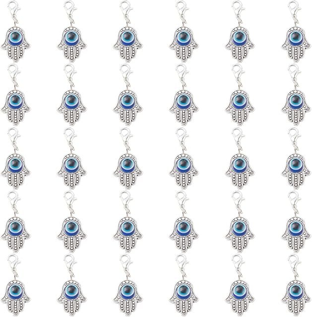 SUNNYCLUE 30Pcs Hamsa Hand Knit Stitch Markers Charms Crochet Fatima Evil Eye Beads Metal Stitch Marker Clips Locking Stitch Markers for Knitting Charms UK Weaving Sewing Crocheting Jewellery Making