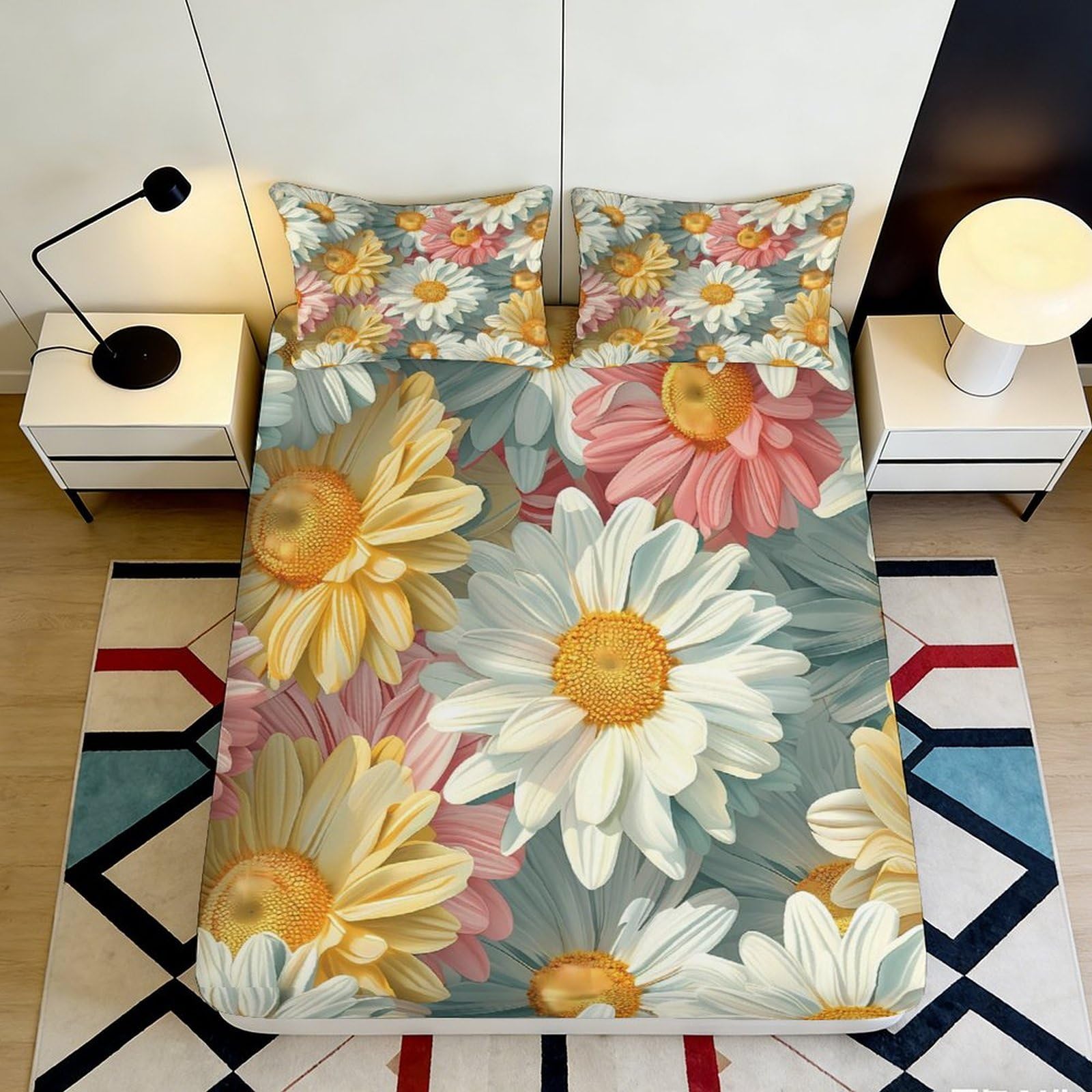 3D Printed Daisy Bloom Fitted Sheet Microfiber Soft Floral Pastel Mattress Cover for Bedroom Dorm Mattress Decor 90x200x25cm