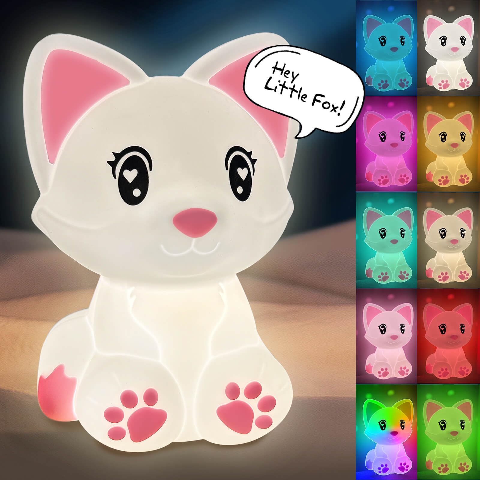 RAVEtoneKids Night Light, Cute Fox Color Changing Nursery Night Lights Silicone Voice Activated Control Rechargeable Dimmable Portable Timer LED Nightlight Lamp for Girls Boys Bedroom Nursery Gifts