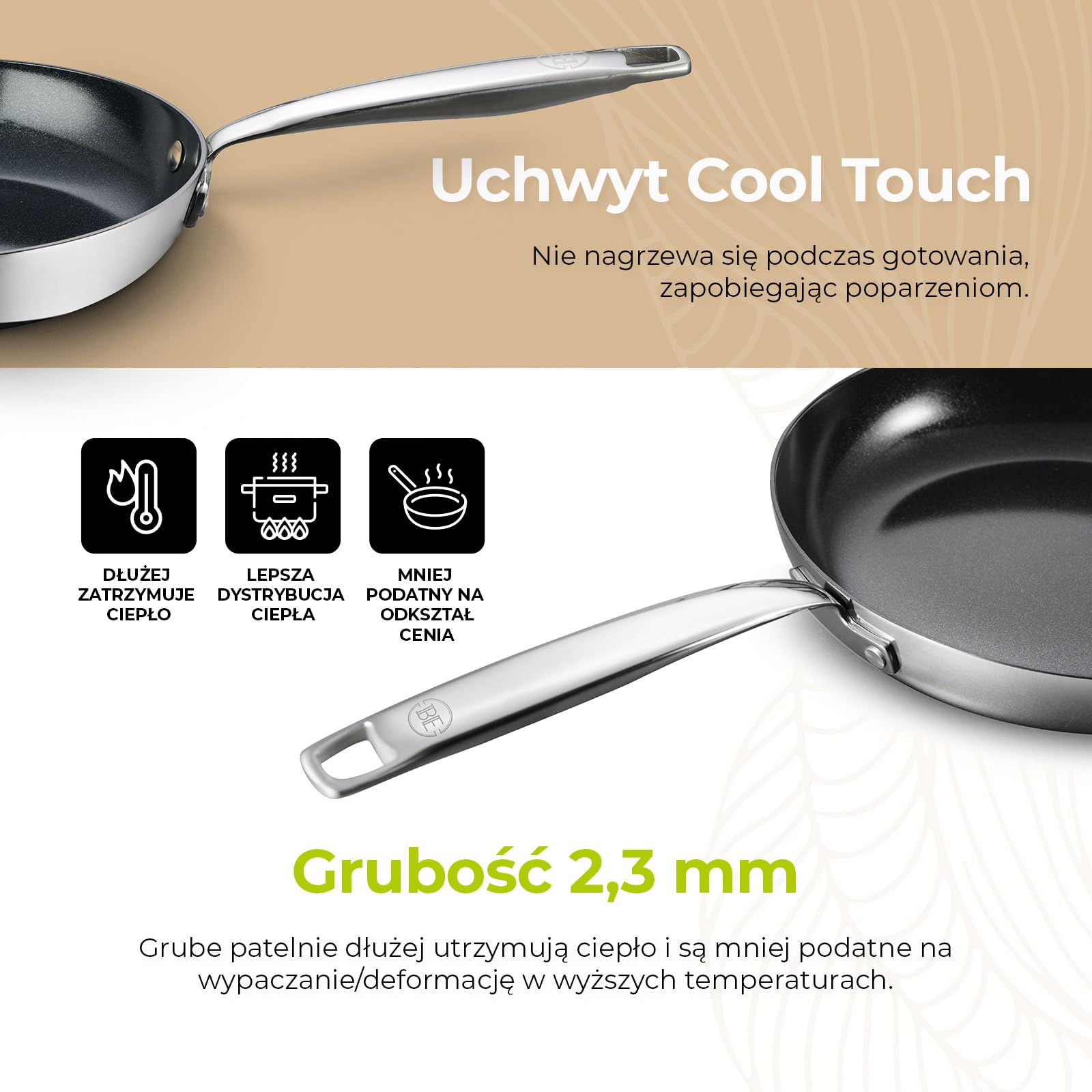 BE living Zestaw patelni ze stali nierdzewnej – Ø 20, 24 i 28 cm – ceramiczne – indukcyjne – bez PFAS, nieprzywierające – patelnia – seria Essential