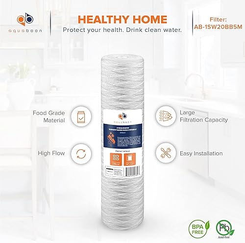 Miniatura 5 de Aquaboon Paquete de 2 cartuchos universales para toda la casa de 5 micrones, 20 x 4.5 pulgadas, cartucho de filtro de agua de cáscara de coco y