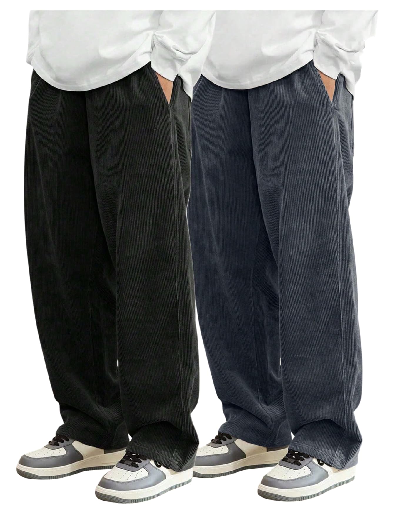 SOLY HUX Men's 2 Piece Corduroy Pants Drawstring Elastic Waist Straight Leg Baggy Pants with Pockets
