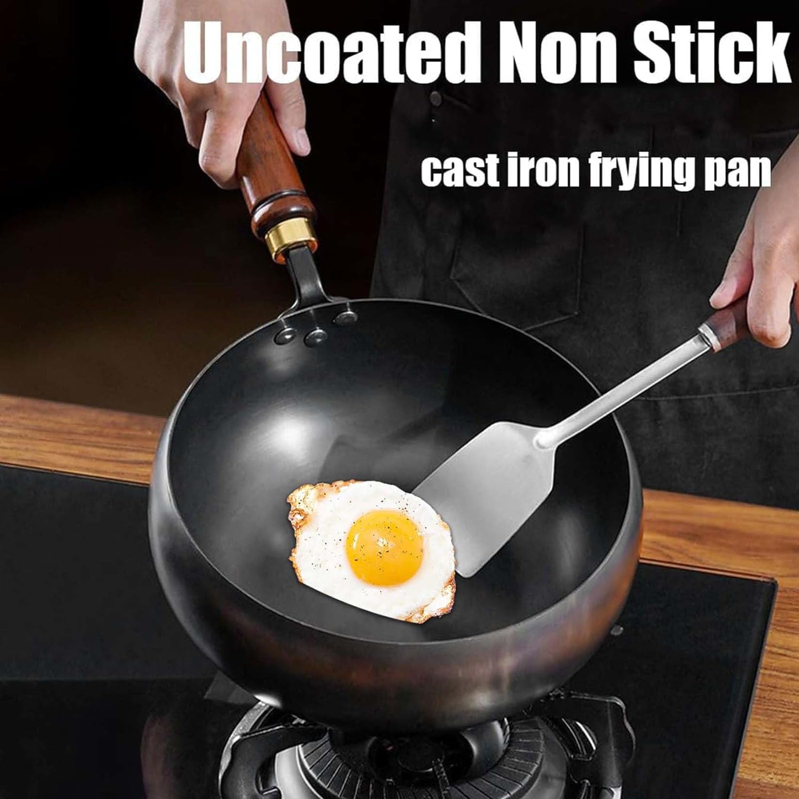 Pannella Wok giapponese in ghisa, pentola sana non rivestita con coperchio, Woks in acciaio al carbonio tradizionale, padelle antiaderenti martellate a mano fatte in Giappone, per Smooth-Surface 26cm