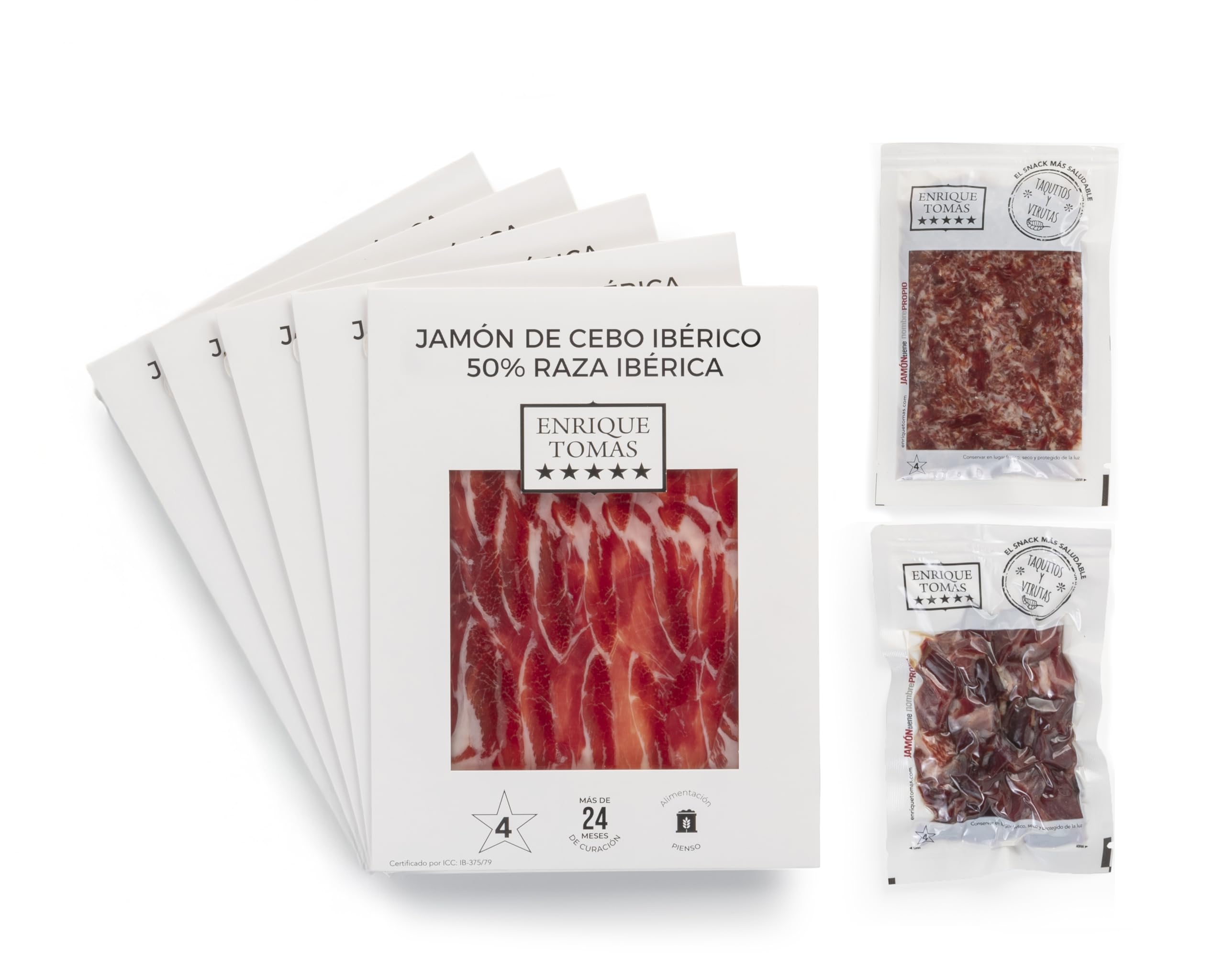ENRIQUE TOMAS - Pack Sabor Ibérico: Jamón de Cebo Ibérico 50% Raza Ibérica - 5 sobres de jamón 80gr + 1 sobre de taquitos de jamón 80gr + 1 sobre de virutas de 100 gr